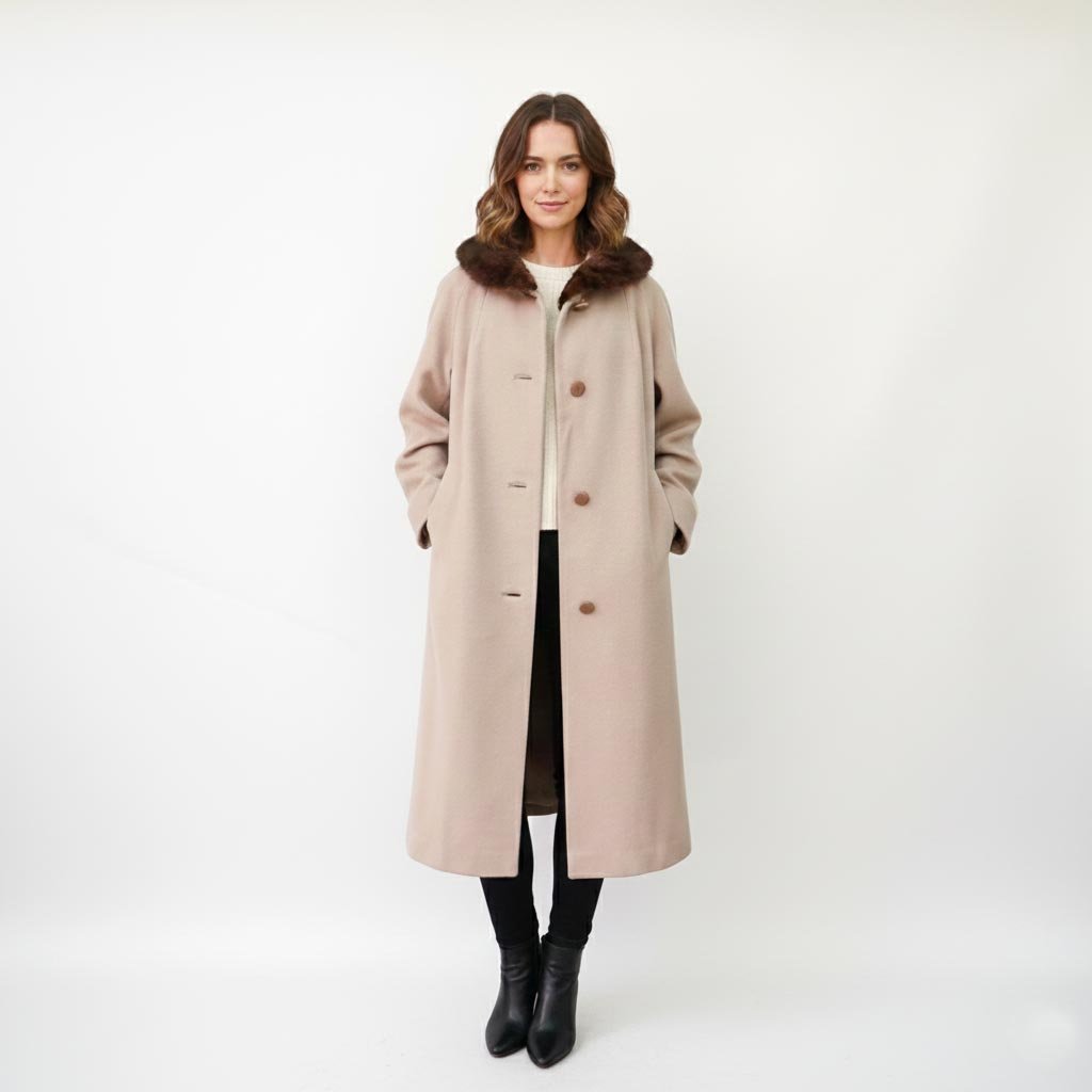 Vintage Beige Wool Long Coat Mink Fur Collar 1950s Size Medium